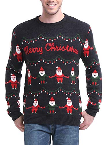 Men's Christmas Reindeer Snowman Santa Snowflakes Sweater (Large, Striped Black)