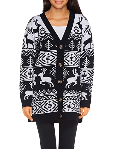 Womens Oversized Christmas Reindeer Cardigan (Large, Black Reindeer Cardigan)