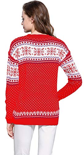 V28 Women's Christmas Reindeer Snowflakes Sweater Pullover (Tag L (US size 10), Red-PairedRD)