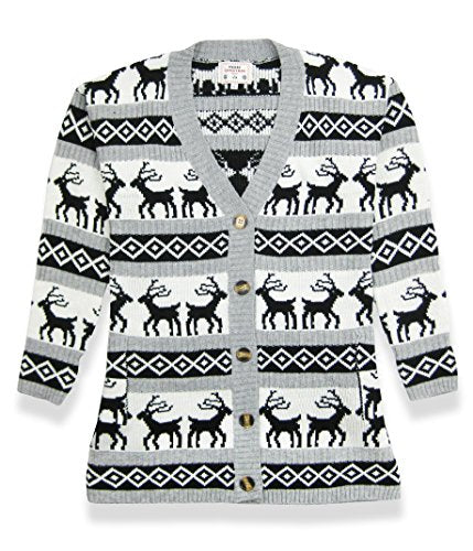 v28 Womens Oversized Christmas Reindeer Cardigan (Large, Grey Reindeer Cardigan)