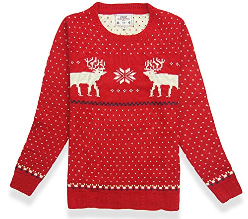 V28 Women's Christmas Reindeer Snowflakes Sweater Pullover (Tag L (US size 10), Red-B)