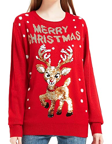 Women's Christmas Reindeer Traditional Knitted Holiday Ugly Sweater Girl Pullover Cardigan (Large, SequinRndr-F9)