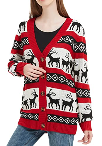 Women's Christmas Reindeer Traditional Knitted Holiday Ugly Sweater Girl Pullover Cardigan (Large, RndrCardi-F1)