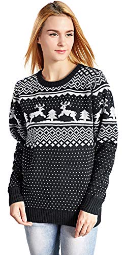 v28 Women's Patterns Reindeer Snowman Tree Snowflakes Christmas Sweater Cardigan, Long Sleeve (Large, Deer&Tree-Black)