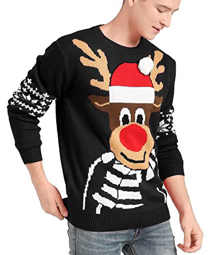 v28 Men's Christmas Reindeer Snowman Penguin Santa and Snowflake Sweater, Color Name: Deerftb-Black