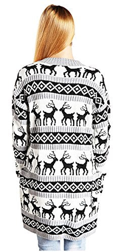 v28 Womens Oversized Christmas Reindeer Cardigan (Large, Grey Reindeer Cardigan)