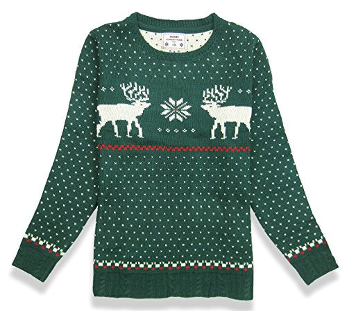 V28 Women's Christmas Reindeer Snowflakes Sweater Pullover (Tag L (US size 10), Green-B)