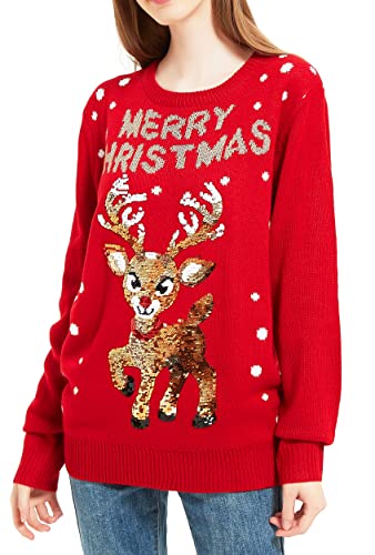 Women's Christmas Reindeer Traditional Knitted Holiday Ugly Sweater Girl Pullover Cardigan (Large, SequinRndr-F9)