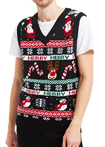 Men's Christmas Holiday Reindeer Snowman Santa Snowflakes Traditional Knitted Ugly Sweater (Large, Vest-Blck-M22)