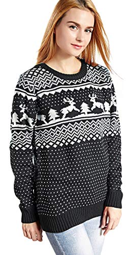 v28 Women's Patterns Reindeer Snowman Tree Snowflakes Christmas Sweater Cardigan, Long Sleeve (Large, Deer&Tree-Black)