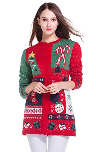 Women's Christmas Cute Reindeer Snowflakes Knitted Sweater Girl Pullover (Large, GreenRedSlves)