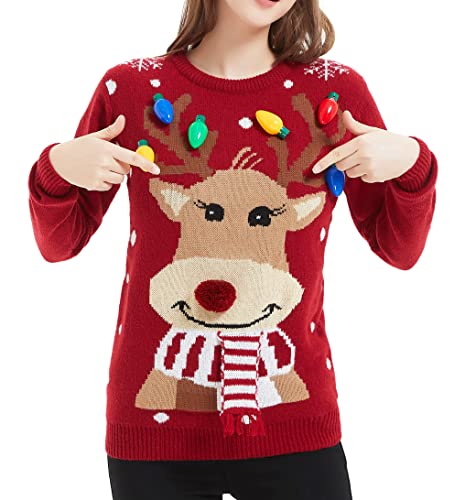 Women's Christmas Reindeer Traditional Knitted Holiday Ugly Sweater Girl Pullover Cardigan (Large, 231-Reindeer-red)