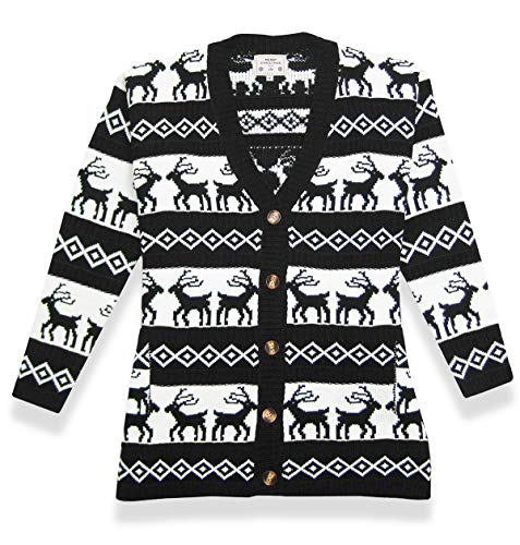 v28 Womens Oversized Christmas Reindeer Cardigan (Large, Black2ReindeerCardigan)