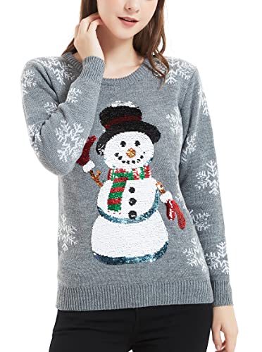 Women's Christmas Reindeer Traditional Knitted Holiday Ugly Sweater Girl Pullover Cardigan (Large, BigSequinSnwmn)