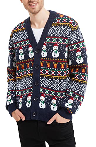 Men's Christmas Holiday Reindeer Snowman Santa Snowflakes Traditional Knitted Ugly Sweater (Large, RndCardi-Blck-M21)