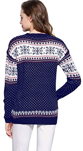 V28 Women's Christmas Reindeer Snowflakes Sweater Pullover (Tag L (US size 10), Blue-PairedRD)