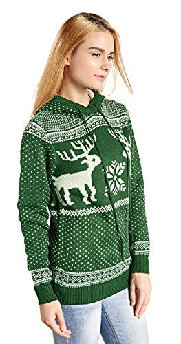 Women Round Crew Neck Reindeer Snowman Santa Snowflakes Christmas Sweater Cardigan Pullover (L, Green with Hood)