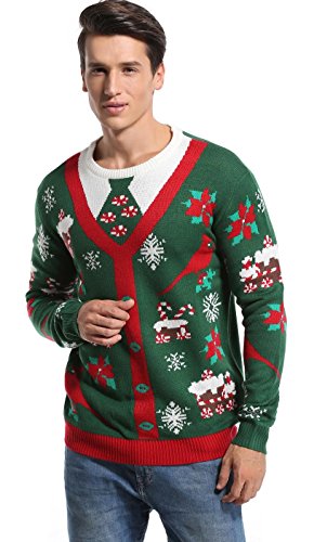 Men's Christmas Festive Cardigan Reindeer Snowman Santa Snowflakes Knitted Ugly Sweater (Large, Fake Cardigan)