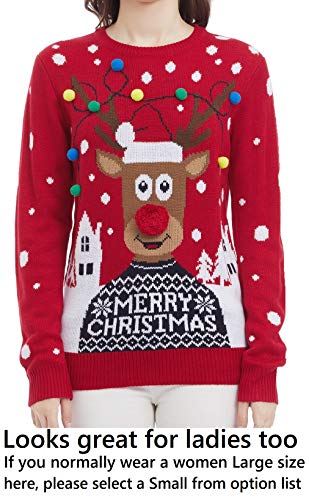 v28 Men's Christmas Reindeer Snowman Penguin Santa and Snowflake Sweater (Small, Deer-hdlite-Black)