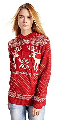 Women's Patterns of Reindeer Snowman Tree Snowflakes Christmas Sweater Cardigan (L, Long Sleeve, Red with Hood)