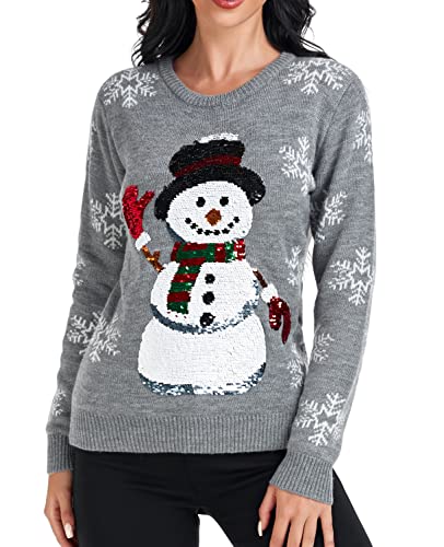 Women's Christmas Reindeer Traditional Knitted Holiday Ugly Sweater Girl Pullover Cardigan (Large, BigSequinSnwmn)