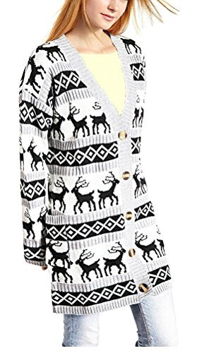 v28 Womens Oversized Christmas Reindeer Cardigan (Large, Grey Reindeer Cardigan)