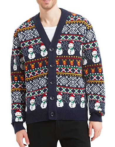 Men's Christmas Holiday Reindeer Snowman Santa Snowflakes Traditional Knitted Ugly Sweater (Large, RndCardi-Blck-M21)