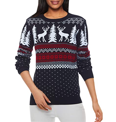 v28 Women's Patterns Reindeer Snowman Tree Snowflakes Christmas Sweater Cardigan (Large, Deer&Tree-View)