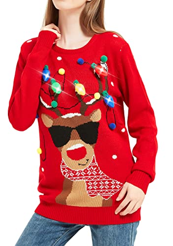 Women's Christmas Reindeer Traditional Knitted Holiday Ugly Sweater Girl Pullover Cardigan (Large, Rndrlitup-F8)