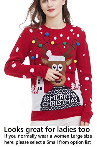 v28 Men's Christmas Reindeer Snowman Penguin Santa and Snowflake Sweater (Small, Deer-hdlite-Black)