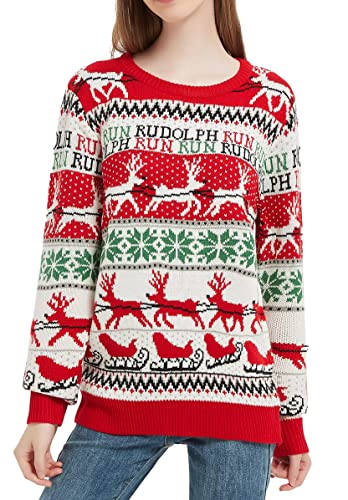 Women's Christmas Reindeer Traditional Knitted Holiday Ugly Sweater Girl Pullover Cardigan (Large, RndrSlgh-F3)