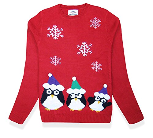 Women's Christmas Cute Reindeer Snowflakes Knitted Sweater Girl Pullover (Large, Penguins)