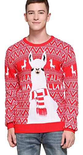 Men's Christmas Rudolph Reindeer Holiday Festive Knitted Sweater Cardigan Cute Ugly Pullover Jumper (Large, Llama)