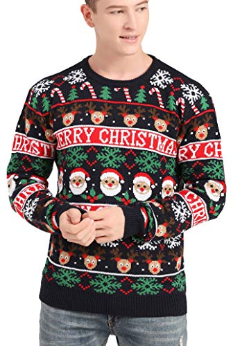 v28 Men's Christmas Reindeer Snowman Penguin Santa and Snowflake Sweater, Color Name: Christmas-Banner