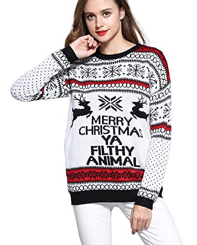 V28 Women's Christmas Reindeer Snowflakes Sweater Pullover (Tag L (US size 10), Cream-PairedRD)