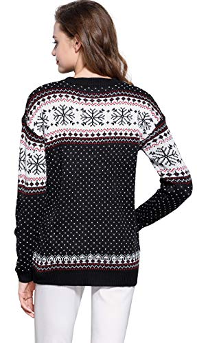 V28 Women's Christmas Reindeer Snowflakes Sweater Pullover (Tag L (US size 10), Black-PairedRD)