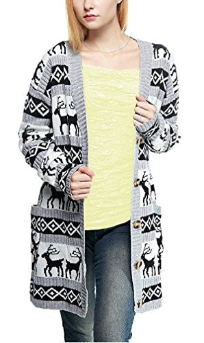 v28 Womens Oversized Christmas Reindeer Cardigan (Large, Grey Reindeer Cardigan)