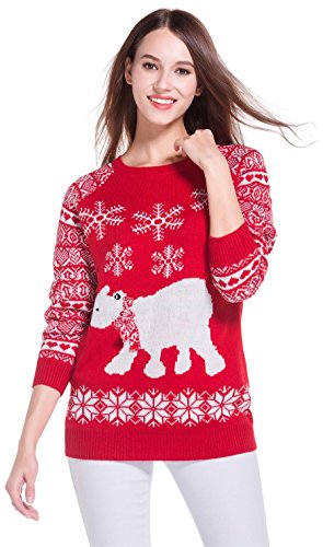 Women's Christmas Cute Reindeer Snowflakes Knitted Sweater Girl Pullover (Large, PolarBear)