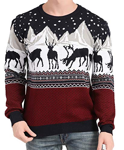 v28 Men's Christmas Reindeer Snowman Penguin Santa and Snowflake Sweater, Color Name: Deer&Mountains-red