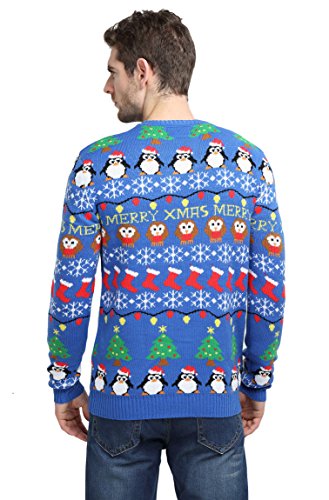 Men's Christmas Reindeer Snowman Santa Snowflakes Sweater (Large, Striped Blue)