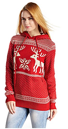 Women's Patterns of Reindeer Snowman Tree Snowflakes Christmas Sweater Cardigan (L, Long Sleeve, Red with Hood)