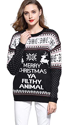 V28 Women's Christmas Reindeer Snowflakes Sweater Pullover (Tag L (US size 10), Black-PairedRD)