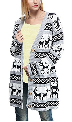 v28 Womens Oversized Christmas Reindeer Cardigan (Large, Grey Reindeer Cardigan)