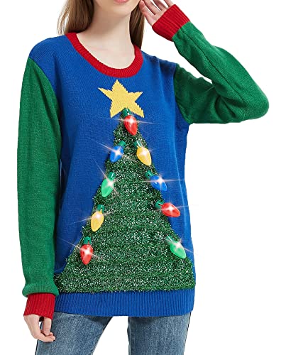 Women's Christmas Reindeer Traditional Knitted Holiday Ugly Sweater Girl Pullover Cardigan (Large, TinselTreLED-F6)