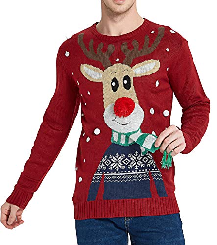 Daisyboutique Men's Christmas Rudolph Reindeer Holiday Sweater Cardigan Cute Ugly Pullover, Color Name: Rudolph-with-Scarf