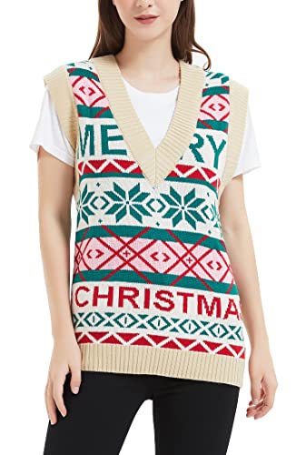 Women's Christmas Reindeer Traditional Knitted Holiday Ugly Sweater Girl Pullover Cardigan (Large, 233-Christmas-Vest-Ivory)