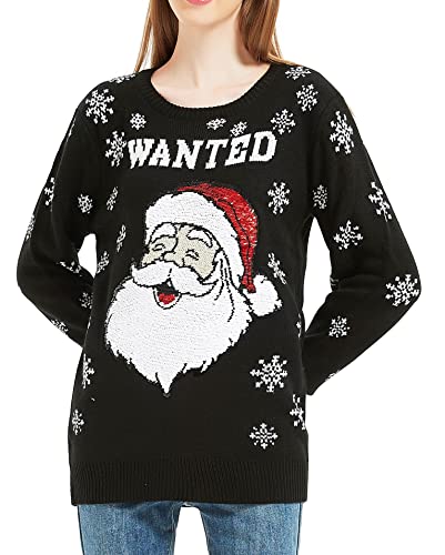 Women's Christmas Reindeer Traditional Knitted Holiday Ugly Sweater Girl Pullover Cardigan (Large, SequinSantaBlck-F11)