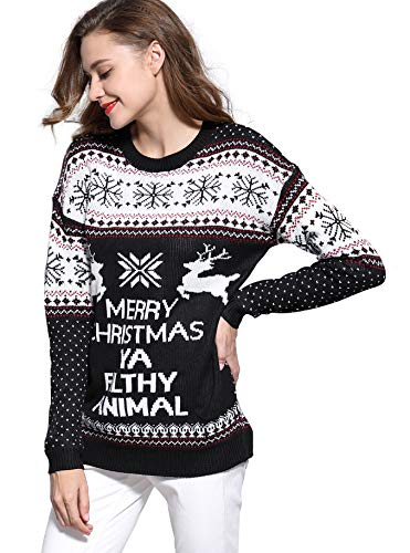 V28 Women's Christmas Reindeer Snowflakes Sweater Pullover (Tag L (US size 10), Black-PairedRD)