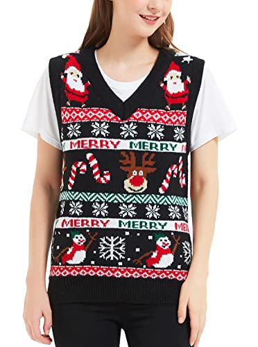 Women's Christmas Reindeer Traditional Knitted Holiday Ugly Sweater Girl Pullover Cardigan (Large, 232-Christmas-Vest-black)