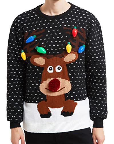 Men's Christmas Holiday Reindeer Snowman Santa Snowflakes Traditional Knitted Ugly Sweater (Large, RndfaceBlck-M17)